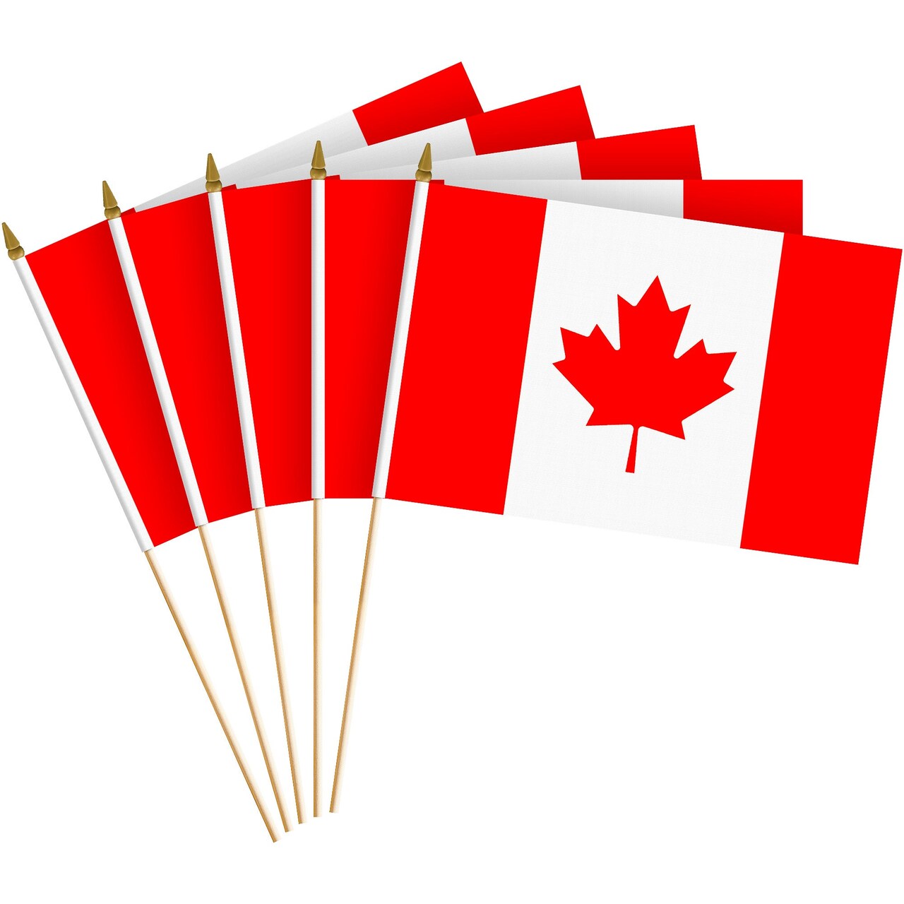 G128 12 Pack Handheld Canada Canadian Stick Flags | 8x12 In | Printed 150D Polyester, Country Flag, Solid Wooden Stick, Spear Gold Tip
